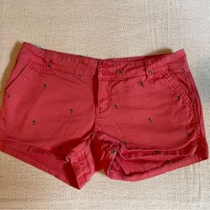 bebop red shorts with green palm trees